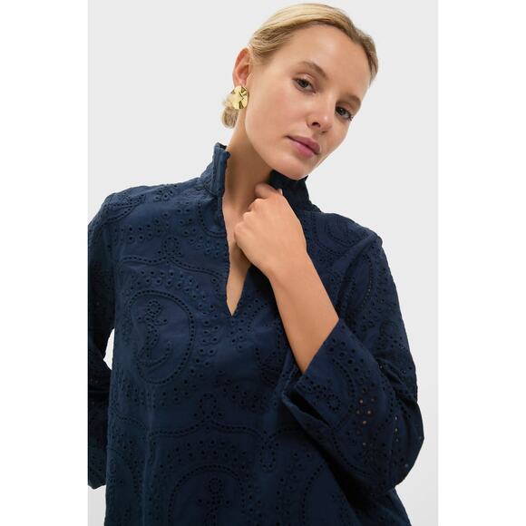 NOT FOR SALE - TUCKERNUCK Navy Nautical Eyelet Margot Stand Collar Blouse Size L - Picture 5 of 8